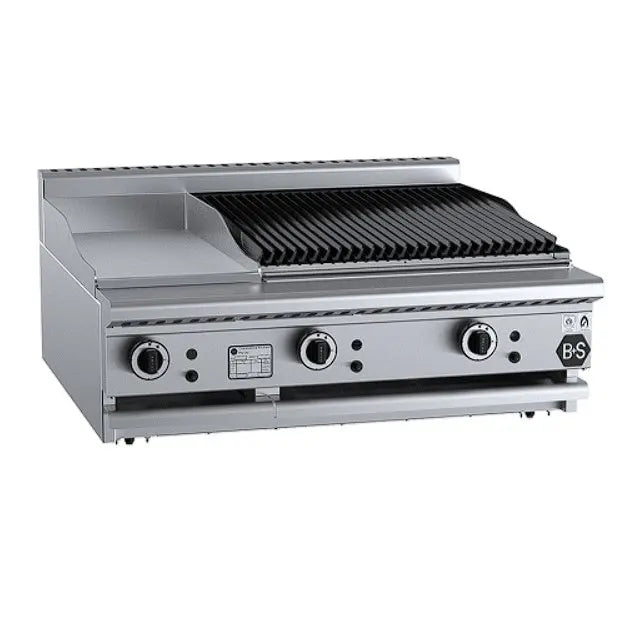 B+S Black Gas Combination 300mm Grill Plate & 600mm Char Broiler - Bench Mounted - BT-GRP3-CBR6BM Mattys