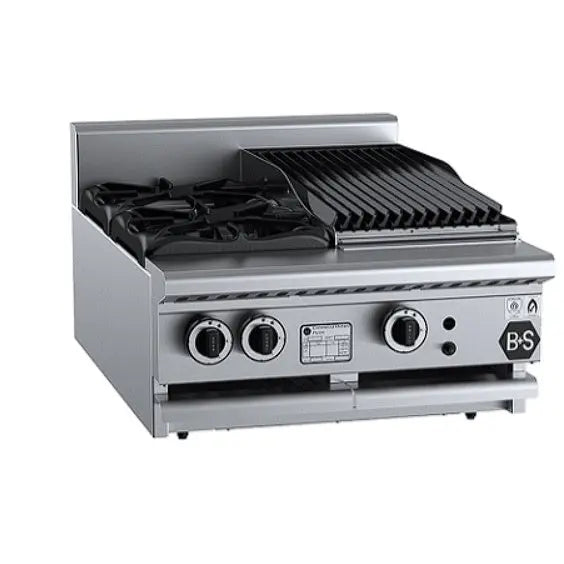 B+S Black Gas Combination Two Open Burners & 300mm Char Broiler - Bench Mounted - BT-SB2-CBR3BM Mattys