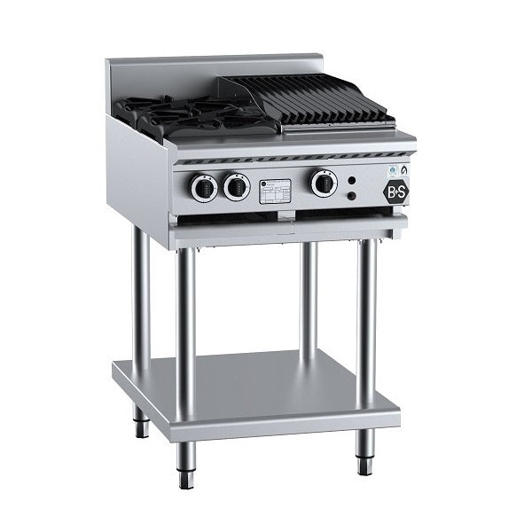 B+S Black BT-SB2-CBR3 Gas Combination Two Open Burners & 300mm Char Broiler on Leg Stand Mattys