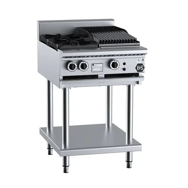 B+S Black Gas Combination Two Open Burners & 300mm Char Broiler on Leg Stand - BT-SB2-CBR3 Mattys