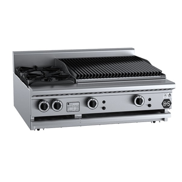 B+S Black BT-SB2-CBR6BM Gas Combination Two Open Burners & 600mm Char Broiler - Bench Mounted Mattys