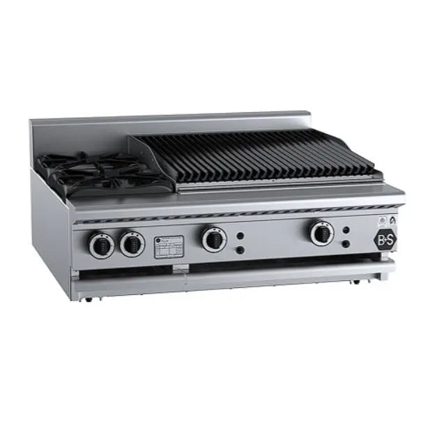 B+S Black Gas Combination Two Open Burners & 600mm Char Broiler - Bench Mounted - BT-SB2-CBR6BM Mattys
