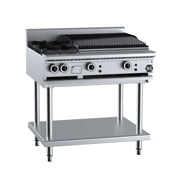 B+S Black BT-SB2-CBR6 Gas Combination Two Open Burners & 600mm Char Broiler on Stand Mattys