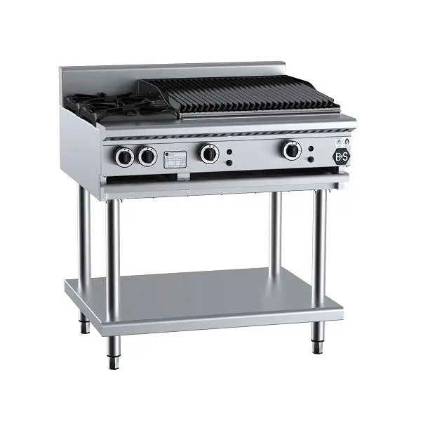 B+S Black Gas Combination Two Open Burners & 600mm Char Broiler on Stand - BT-SB2-CBR6 Mattys
