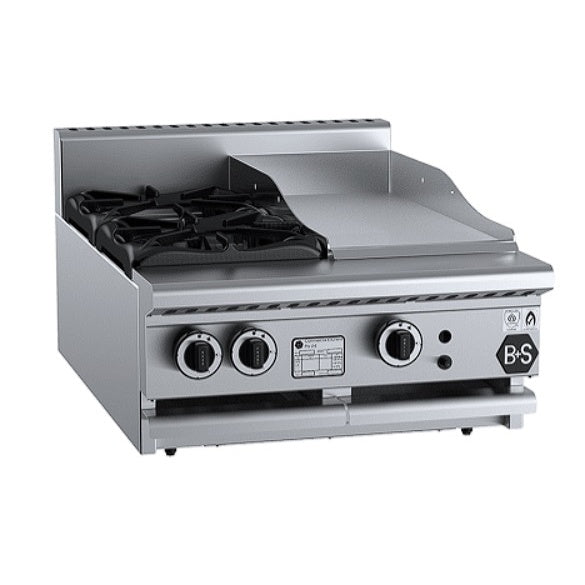 B+S Black BT-SB2-GRP3BM Gas Combination Two Open Burners & 300mm Grill Plate - Bench Mounted Mattys