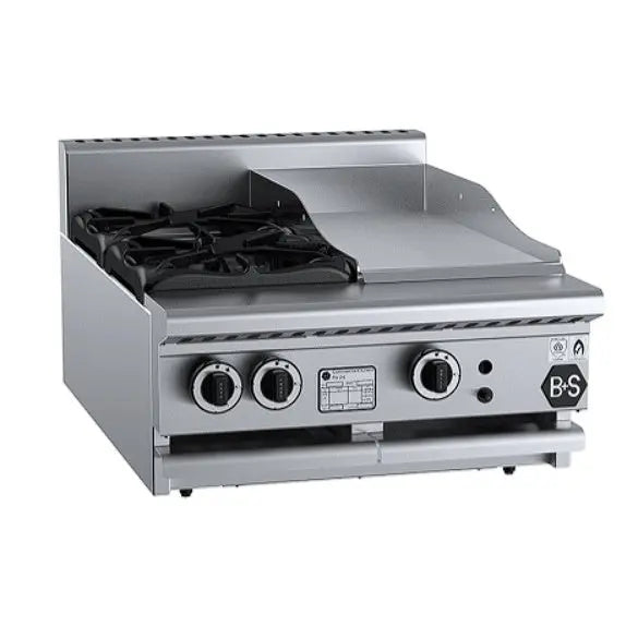 Cook Tops B+S Black Gas Combination Two Open Burners & 300mm Grill Plate - Bench Mounted - BT-SB2-GRP3BM Mattys