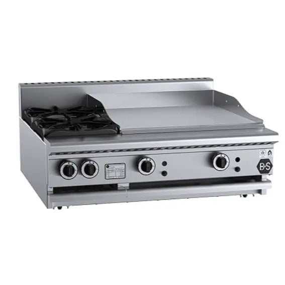 Cook Tops B+S Black Gas Combination Two Open Burners & 600mm Grill Plate - Bench Mounted - BT-SB2-GRP6BM Mattys