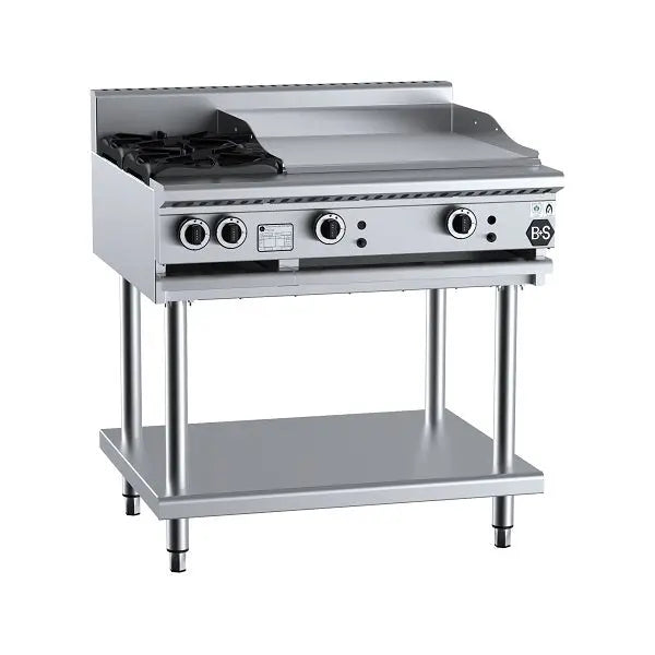 Cook Tops B+S Black Gas Combination Two Open Burners & 600mm Grill Plate on Stand - BT-SB2-GRP6 Mattys