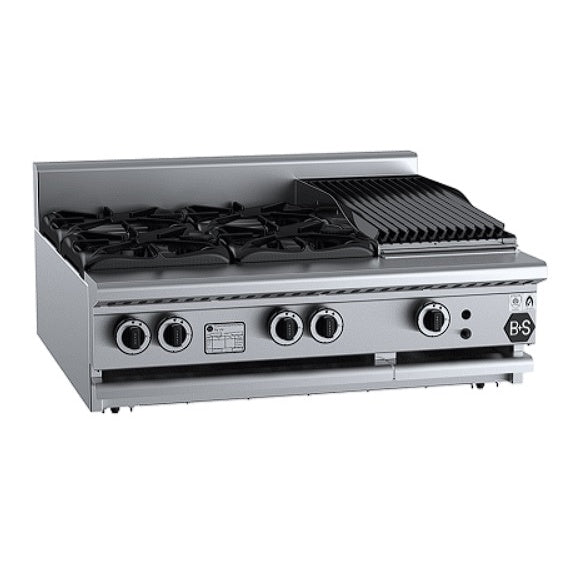 B+S Black BT-SB4-CBR3BM Gas Combination Four Open Burners & 300mm Char Broiler - Bench Mounted Mattys
