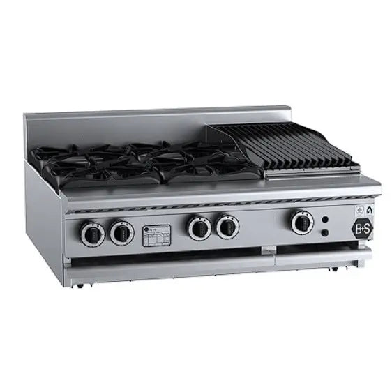 B+S Black Gas Combination Four Open Burners & 300mm Char Broiler - Bench Mounted - BT-SB4-CBR3BM Mattys