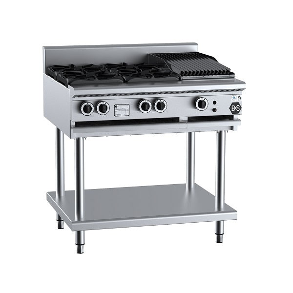 B+S Black BT-SB4-CBR3 Gas Combination Four Open Burners & 300mm Char Broiler on Stand Mattys