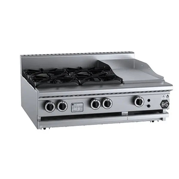 Cook Tops B+S Black BT-SB4-GRP3BM Gas Combination Four Open Burners & 300mm Grill Plate - Bench Mounted - BT-SB4 Mattys
