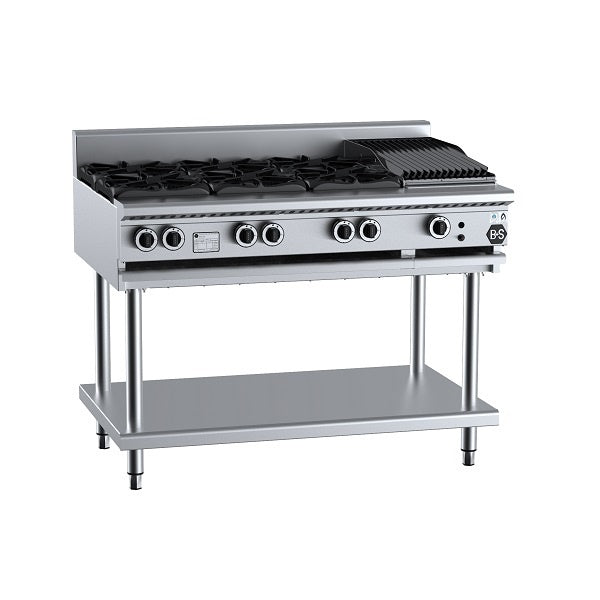 B+S Black BT-SB6-CBR3 Gas Combination Six Open Burners & 300mm Char Broiler on Stand Mattys