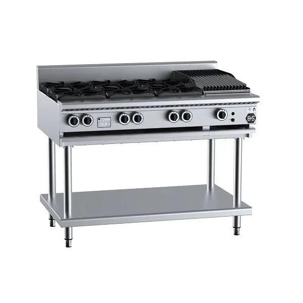 B+S Black Gas Combination Six Open Burners & 300mm Char Broiler on Stand - BT-SB6-CBR3 Mattys