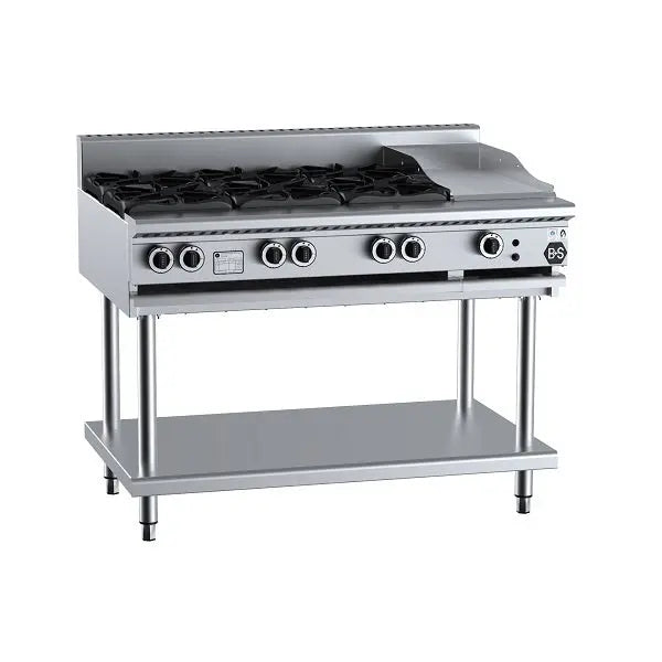 Cook Tops B+S Black Gas Combination Six Open Burners & 300mm Grill Plate on Stand - BT-SB6-GRP3 Mattys