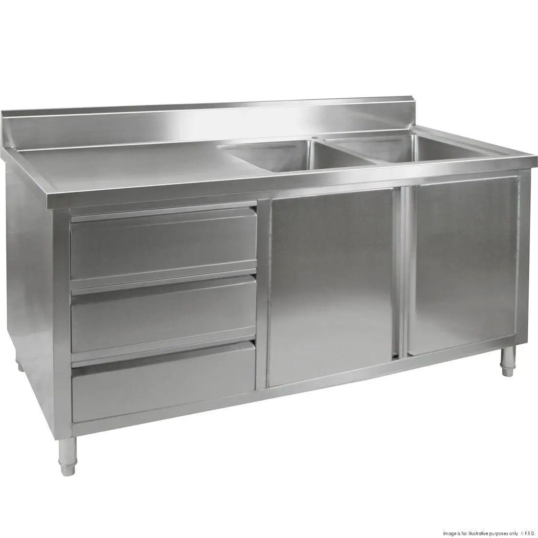 Sinks F.E.D. Modular Systems Kitchen Tidy Premium Stainless Steel Cabinet With Double Sinks, Doors & Drawers - DSC-2100L-H Mattys