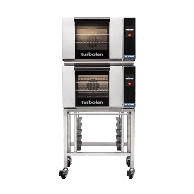 Turbofan Half Size Electric Convection Ovens Touch Screen Control Double Stacked on a Stainless Steel Base Stand E23T3/2C