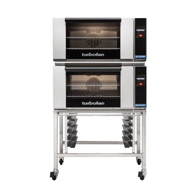 Turbofan Full Size Electric Convection Ovens Touch Screen Control Double Stacked on a Stainless Steel Base Stand E27T2/2
