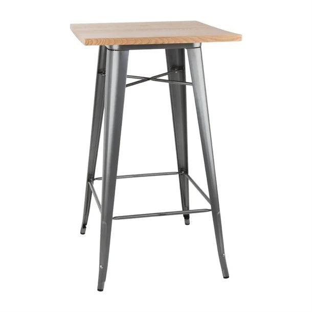 Bolero Bistro Metal Square Bar Table Gun Metal Grey with Wooden Top 600mm FB596 Mattys