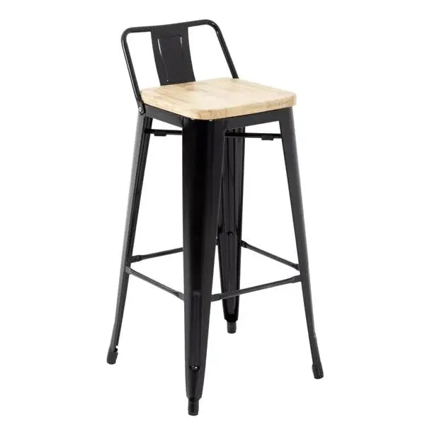 Bar Stools Bolero Bistro Metal High Bar Stool with Wooden Seat Pad and Back Rest Black (Pack of 4) - FB623 Mattys