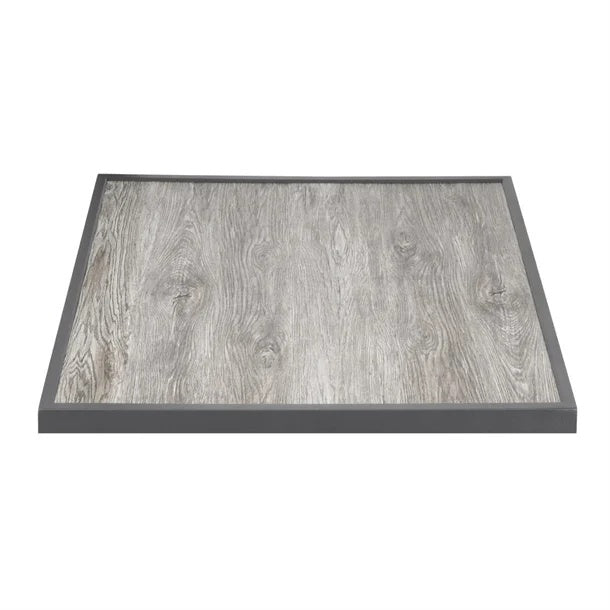 Bolero Wood Grain Effect Outdoor Tempered Glass Table Top Grey Trim 700mm FU515 Mattys