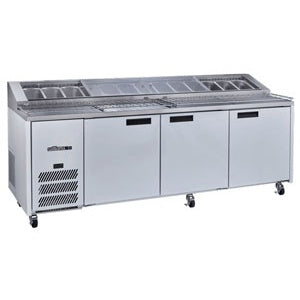 Jade Pizza - Three Door Stainless Steel Pizza Prep Counter Refrigerator With Blown Air Well HJ3PCBASS Mattys