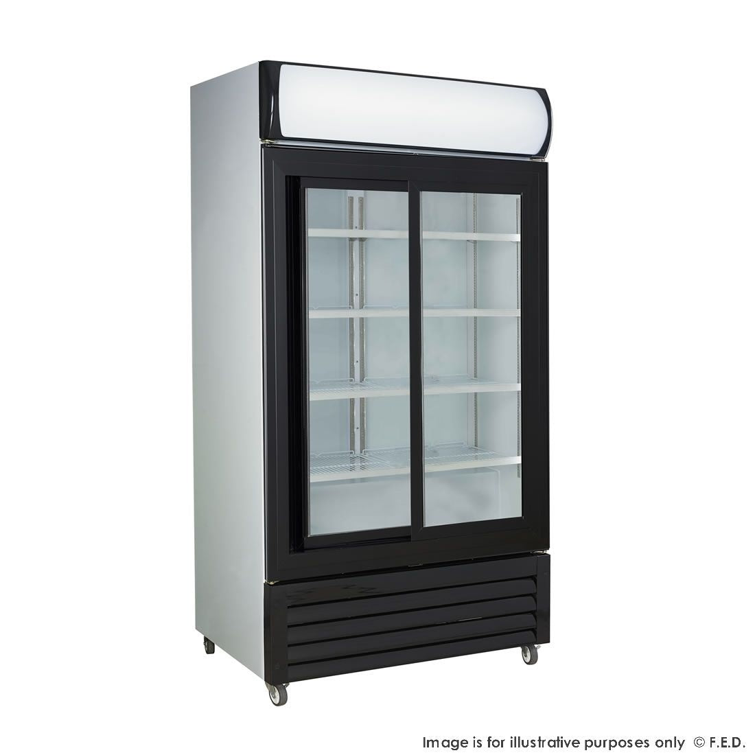 F.E.D. Temperate Thermaster Large Black Sliding Two Glass Door Colourbond Upright Drink Fridge LG1000SDBG Mattys