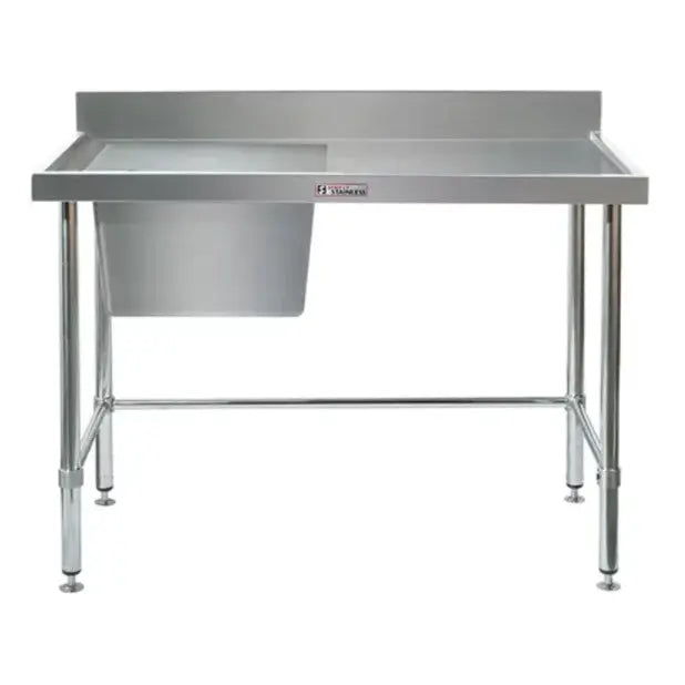 Sinks Simply Stainless Ss05.1200L Lb Single Sink Bench With Splashback, Left Hand Bowl And Leg Brace (600 Series) - 1200Mm - SS05.1200L LB Simply Stainless