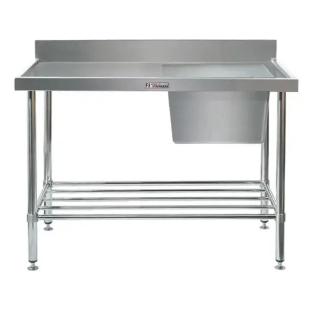 Sinks Simply Stainless Single Sink Bench With Splashback And Right Hand Bowl (600 Series) - 1200Mm - SS05.1200R Simply Stainless