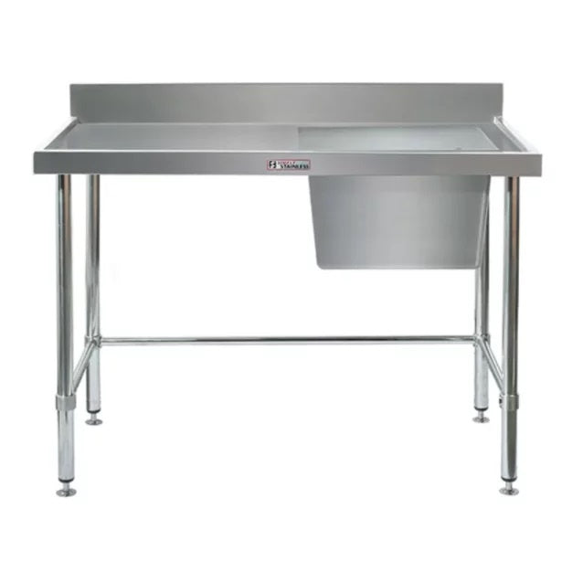 Simply Stainless Ss05.1500R Lb Single Sink Bench With Splashback, Right Hand Bowl And Leg Brace (600 Series) - 1500Mm Mattys