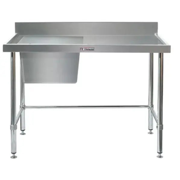 Sinks Simply Stainless SS05.2100L LB Single Sink Bench With Splashback, Left Hand Side Bowl And Leg Brace (600 Series) - 2100Mm - SS05.2100L LB Simply Stainless