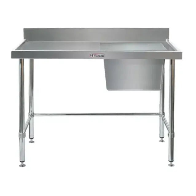 Sinks Simply Stainless SS05.7.1500R LB Single Sink Bench With Splashback, Right Hand Side Bowl And Leg Brace (700 Series) - 1500Mm - SS05.7.1500R LB Simply Stainless