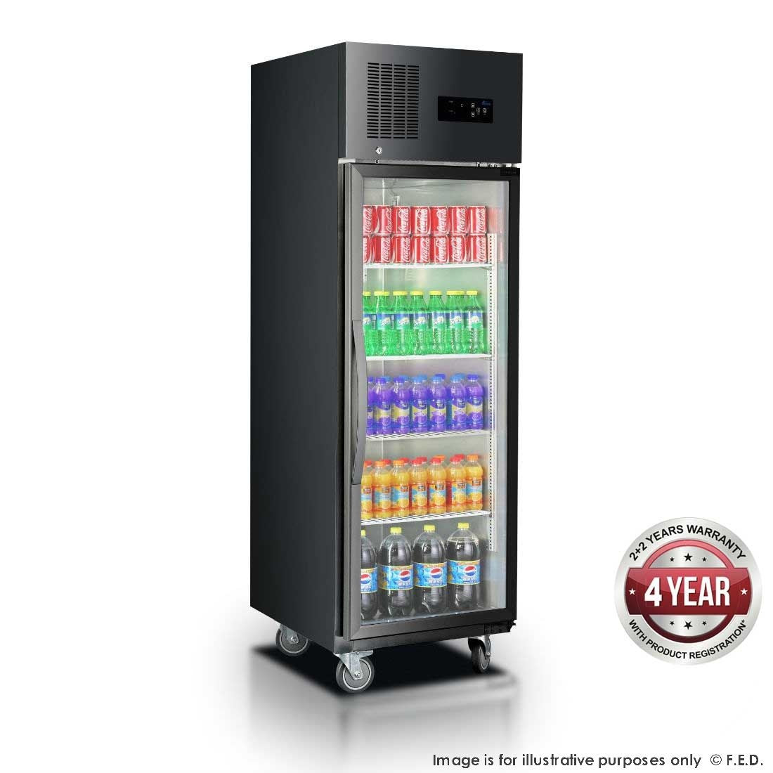 F.E.D. Temperate Thermaster Single Glass Door Upright Fridge Black Stainless Steel - SUCG500B Mattys