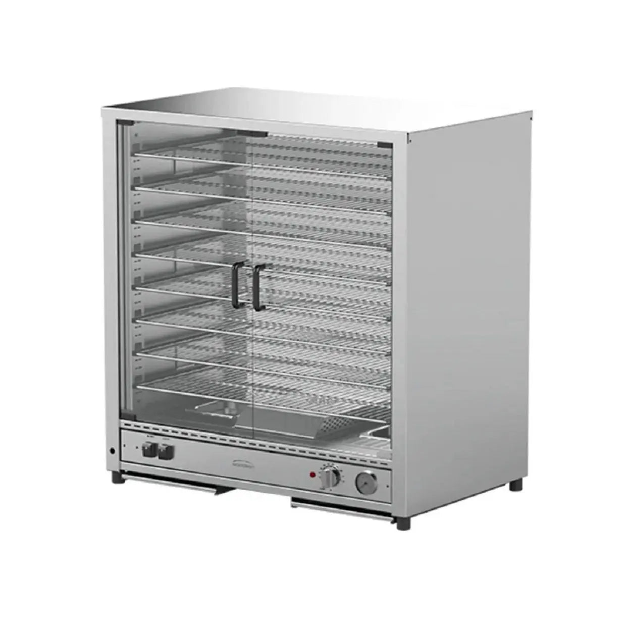 Woodson 200 Pie Display W.PIP200F. Control Side - Glass Swing Doors. Customer Side - Solid Glass. Mattys
