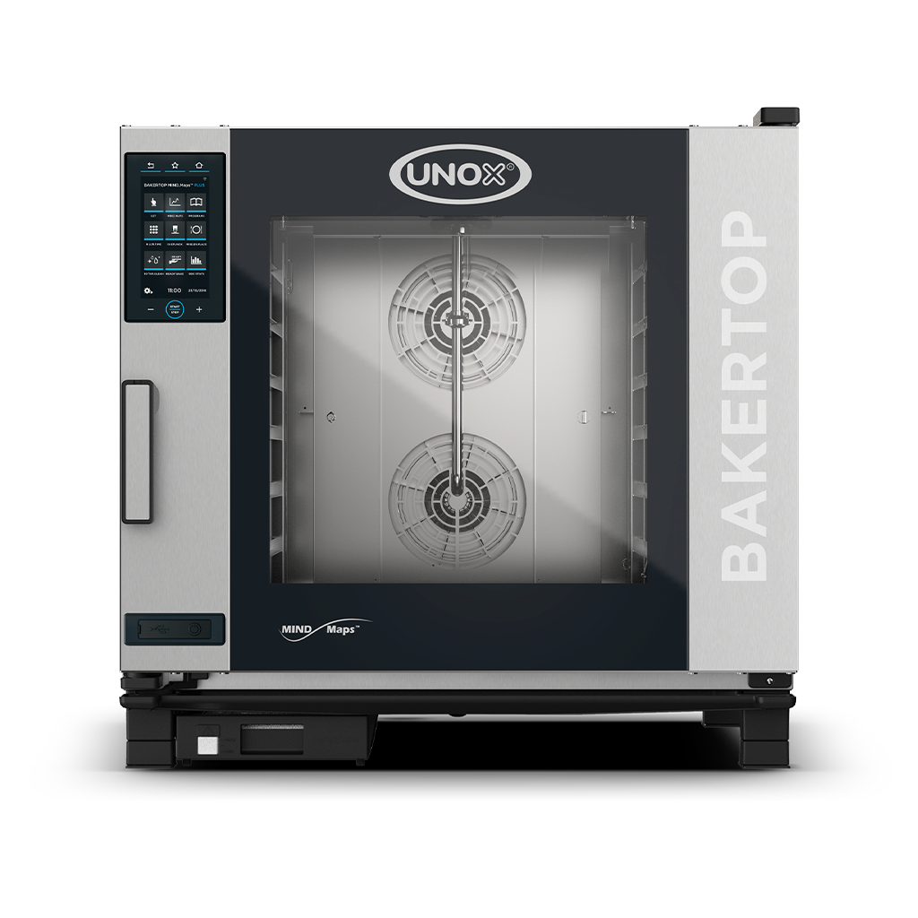 UNOX BAKERTOP MIND.Maps PLUS Gas 6 Tray Right Hinge (XEBC-06EU-GPLM) with a right hinged door β a commercial combi oven for bakeries and foodservice.