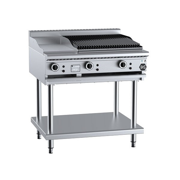 B+S Black BT-GRP3-CBR6 Gas Combination 300mm Grill Plate & 600mm Char Broiler on Stand Mattys