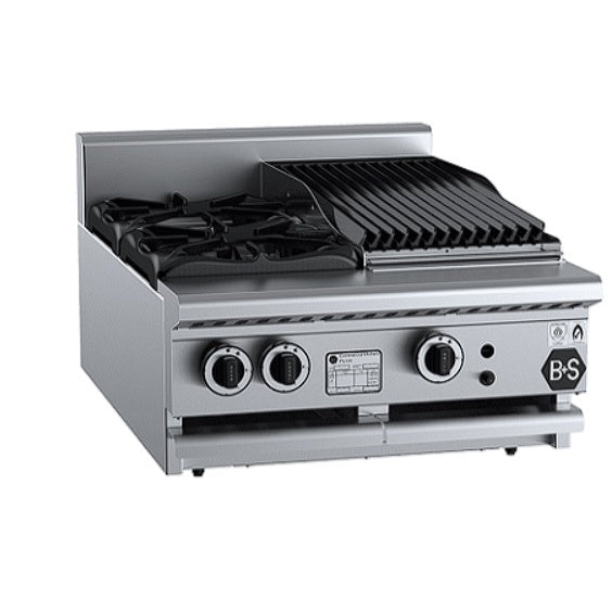 B+S Black BT-SB2-CBR3BM Gas Combination Two Open Burners & 300mm Char Broiler - Bench Mounted Mattys