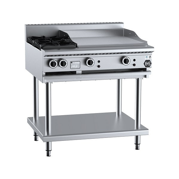 B+S Black BT-SB2-GRP6 Gas Combination Two Open Burners & 600mm Grill Plate on Stand Mattys