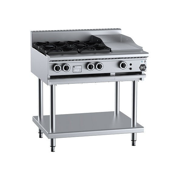 B+S Black BT-SB4-GRP3 Gas Combination Four Open Burners & 300mm Grill Plate on Stand Mattys