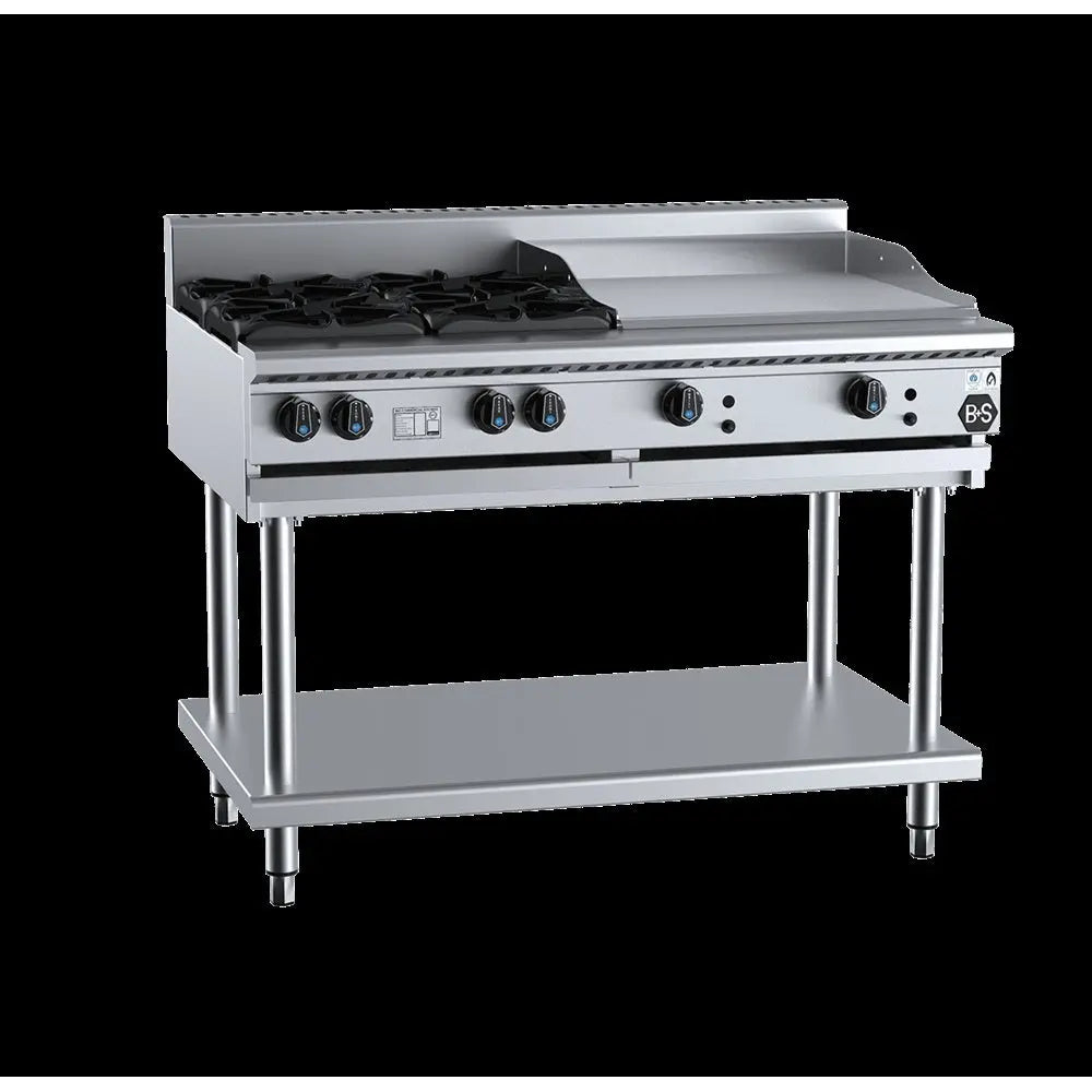 B+S Black BT-SB4-GRP6 Gas Combination Four Open Burners & 600mm Grill Plate on Stand Mattys