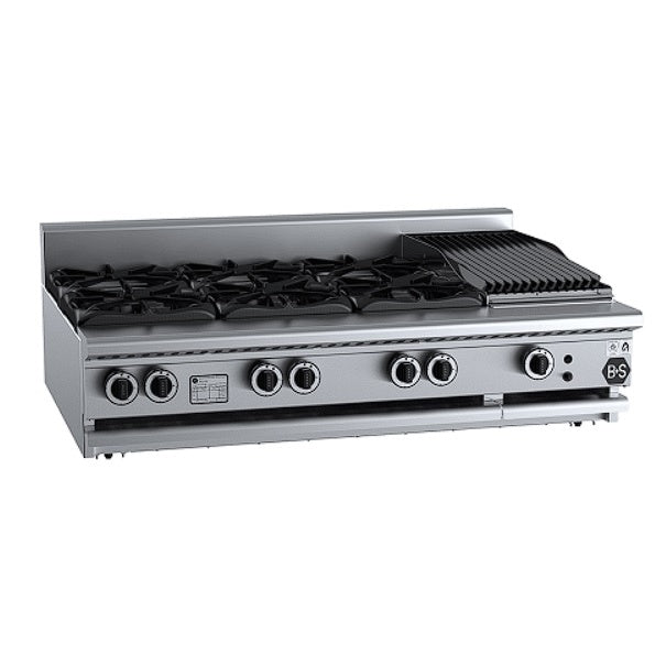 B+S Black BT-SB6-CBR3BM Gas Combination Six Open Burners & 300mm Char Broiler - Bench Mounted Mattys