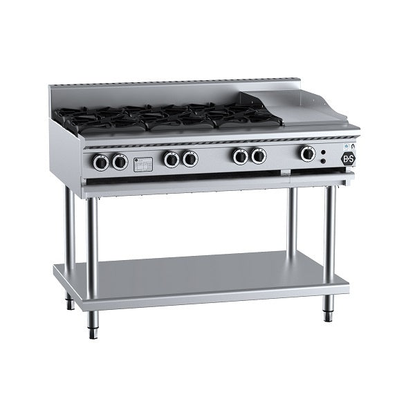B+S Black BT-SB6-GRP3 Gas Combination Six Open Burners & 300mm Grill Plate on Stand Mattys