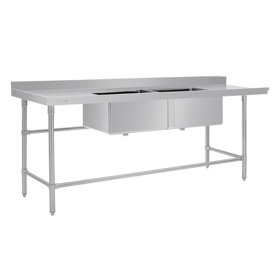 Vogue Dishwasher Inlet Table with Double Bowl Sink 90mm outlet 2400x700x960mmL/H DE475 Mattys