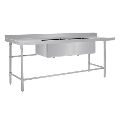 Vogue Dishwasher Inlet Table with Double Bowl Sink 90mm outlet 2400x700x960mmL/H DE475 Mattys