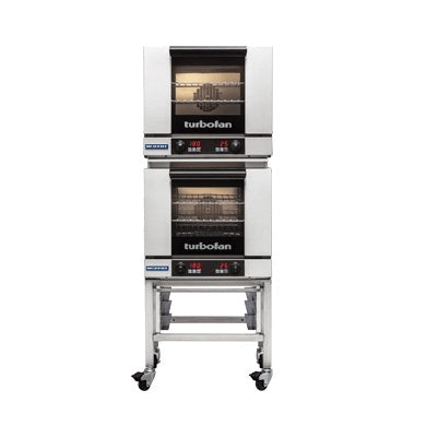 Turbofan Half Size Tray Digital Electric Convection Ovens Double Stacked on a Stainless Steel Base Stand E23D3/2
