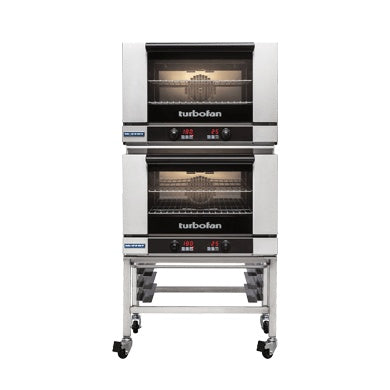 Turbofan Full Size Tray Digital Electric Convection Ovens Double Stacked on a Stainless Steel Base Stand E27D2/2C