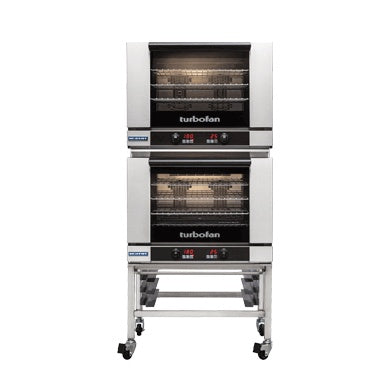 Turbofan Full Size Electric Convection Ovens Touch Screen Control Double Stacked on a Stainless Steel Base Stand E28T4/2