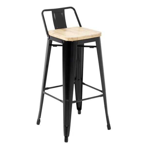 Bolero Bistro Metal High Bar Stool with Wooden Seat Pad and Back Rest Black (Pack of 4) FB623 Mattys