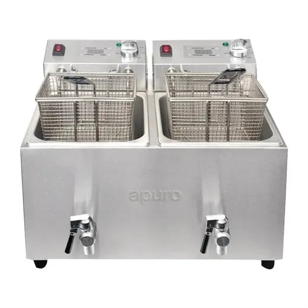 Apuro Twin Tank Twin Basket 8Ltr Countertop Fryer with Timer 2x 2.9kW FC375-A Mattys