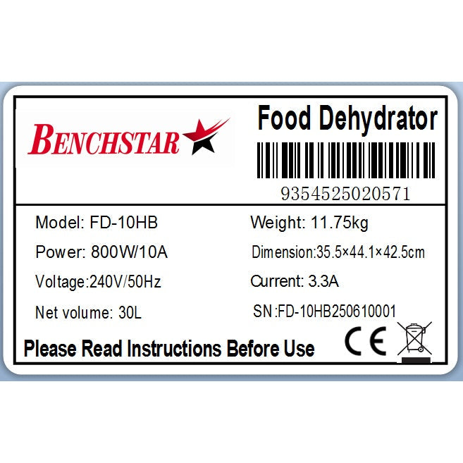 Benchstar Food Dehydrator with 10 trays – FD-10HB Benchstar